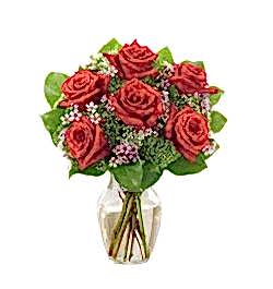 send 6 red roses roses in a glass vase to dhaka, bangladesh