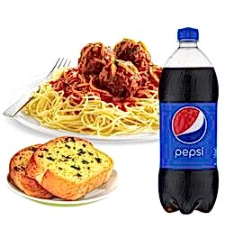 pizza inn bolognaise with garlic bread and pepsi