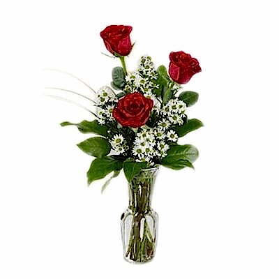 send 3 red roses in a glass vase to dhaka, bangladesh